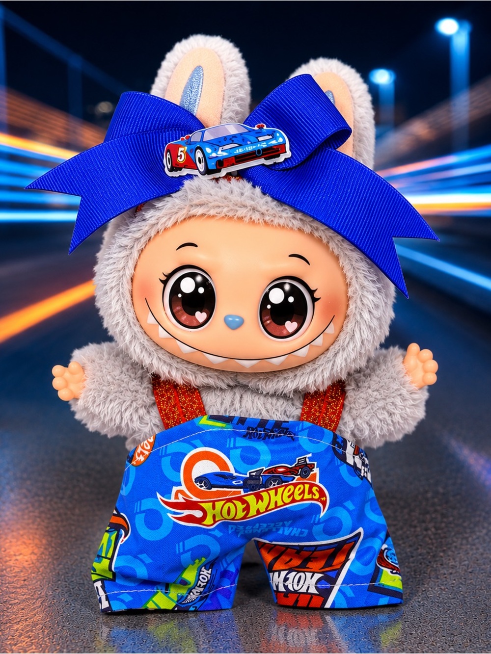 17cm Plush Hotwheels outfit with Matching Blue Bow  - Kids Toy
